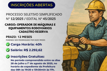 Processo Seletivo para Operador de Máquinas e Equipamentos Rodoviários 