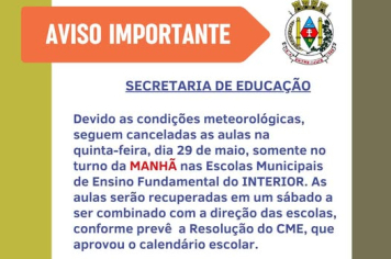 Aulas nas Escolas Municipais de Ensino Fundamental do Interior seguem suspensas