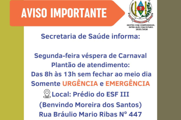 Secretaria de saúde realiza plantão de urgência e emergência na segunda-feira