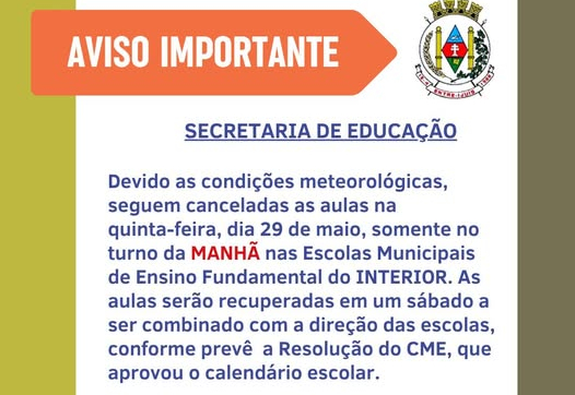 Aulas nas Escolas Municipais de Ensino Fundamental do Interior seguem suspensas