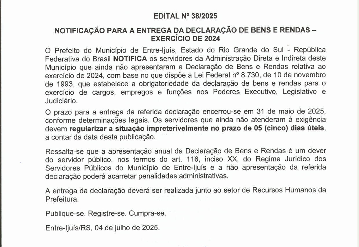 Notificação para entrega de entrega da declaração de bens e rendas 