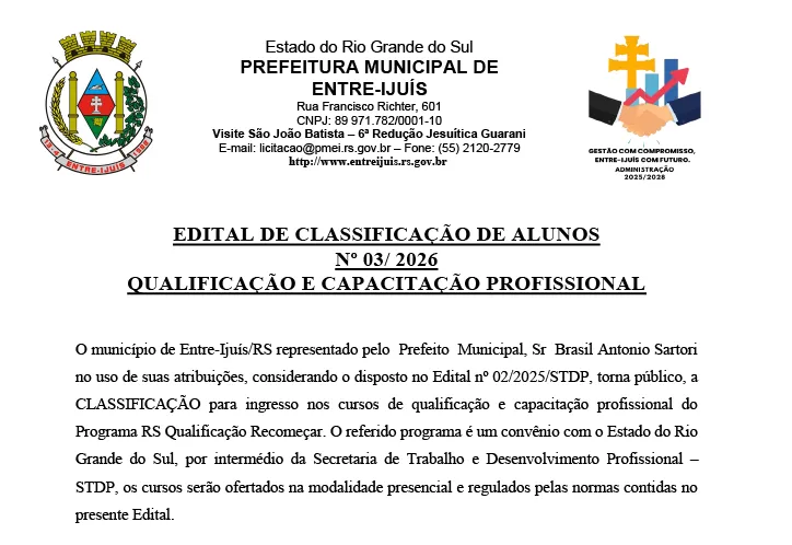 Classificados de alunos qualificados para capacitação profissional